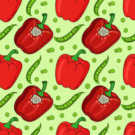 Vector pattern of bell peppers and peas. Design elements for menus, advertisements and covers, childrens books, illustrations for food and dishes.Vector of vegetables. Vegetarian food. Vector illustrationのイラスト素材
