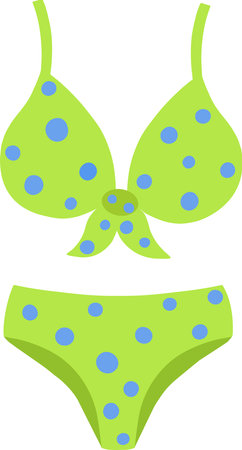 Women is fashionable swimsuit with high-waisted panties and a bra with straps. Stylish womens swimsuit in green with polka dots,highlighted on a white background. Vector illustration of beachwear. Vector illustrationのイラスト素材