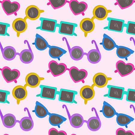Vector seamless pattern with sunglasses.Fashionable background in a minimalist style. Marine and summer illustration. Vector illustrationのイラスト素材