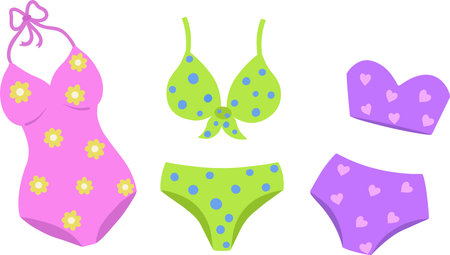 A collection of stylish swimwear, underwear, bikinis and tops. A set of swimwear with bright prints. Vector illustration isolated on a white background. Vector illustrationのイラスト素材