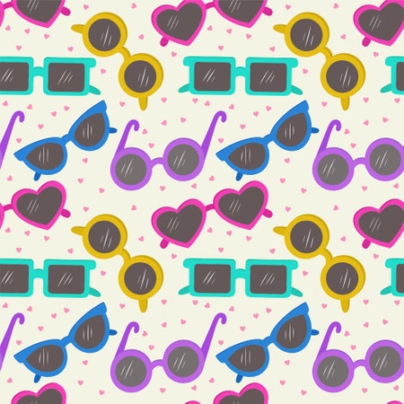 Vector seamless pattern with sunglasses.Fashionable background in a minimalist style. Marine and summer illustration. Vector illustrationのイラスト素材