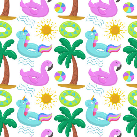 Various items for the beach and recreation. Inflatable swimming circle with blue unicorn, flamingo, palm tree, sun and waves. Seamless vector pattern on summer and marine themes. Vector illustrationのイラスト素材