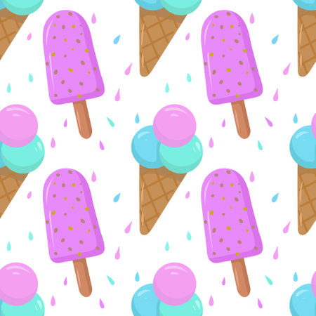 Seamless pattern with colored cartoon ice cream highlighted on a white background. Vector seamless pattern with ice cream. Bright and juicy, seamless pattern. Vector illustrationのイラスト素材