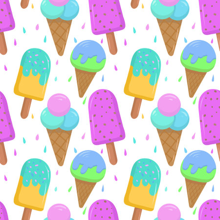 Seamless pattern with colored cartoon ice cream highlighted on a white background. Vector seamless pattern with ice cream. Bright and juicy, seamless pattern. Vector illustrationのイラスト素材