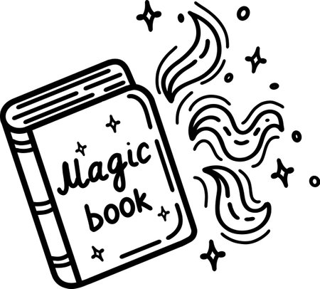 A book about magic and spells on a white background.Black and white illustration of a book of witchcraft for a wizard, elements for a school of magic. Coloring book for children. Vector illustration. Vector illustrationのイラスト素材
