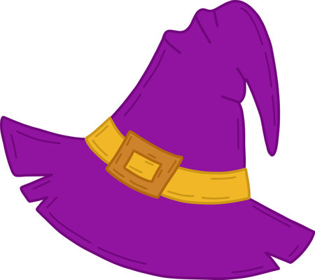 A witch is hat for Halloween. A traditional witch hat for Halloween with a strap in a cartoon and flat style, highlighted on a white background. Vector illustration. Vector illustrationのイラスト素材