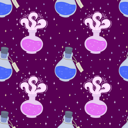 Seamless pattern with magic potion and bottled elixirs on a purple background, Halloween pattern. Vector illustration. Halloween template, banner design, wrapping paper, packaging, web. Vector illustrationのイラスト素材