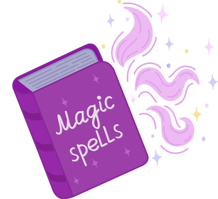 A book about magic and spells for a wizard, on a transparent background.Bright vector illustration. Background for textiles or book covers,wallpaper, design, graphics, printing, hobbies, invitations. Vector illustrationのイラスト素材