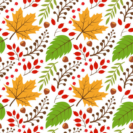 Pattern with autumn leaves. Vector seamless drawing of leaves, acorns, nuts, mountain ash. Background for textiles or book covers, wallpaper, design, graphics, printing, hobbies, invitations. Vector illustrationのイラスト素材