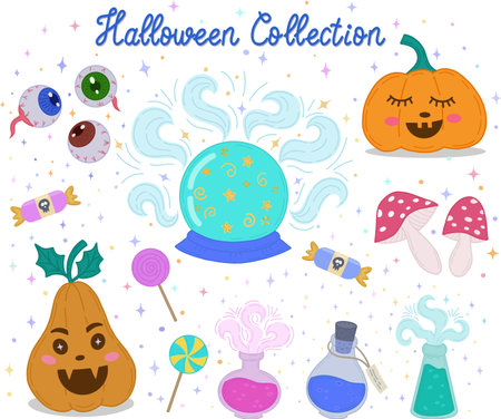 A set of vector characters and icons for Halloween in cartoon style. Traditional Halloween elements. A Halloween set with cute elements. Vector illustrationのイラスト素材