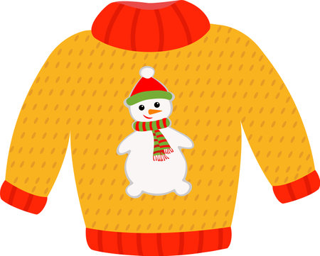 Cute warm red and yellow christmas sweater for winter weather. Xmas pullover or jumper with snowman. Holiday cozy outfit. Vector illustration in cartoon style. Vector illustrationのイラスト素材