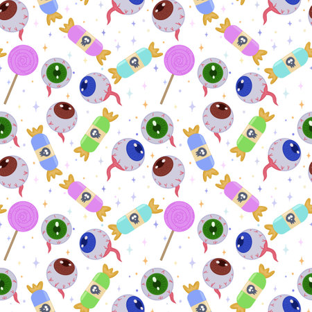 Seamless vector pattern with eyes and candy. Scary eyes and candy for Halloween party decoration. A banner, poster or postcard for an October party. Halloween pattern background. Vector illustrationのイラスト素材