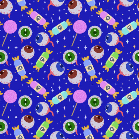 Seamless vector pattern with eyes and candy on a blue background. Scary eyes and candy for Halloween party decoration. A banner, poster or postcard for an October party. Halloween pattern background. Vector illustrationのイラスト素材