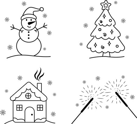 A New Year vector set with a snowman, a Christmas tree, a house and sparklers. Vector illustration for the new year. Vector illustrationのイラスト素材