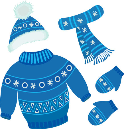 Winter clothing set. Vector illustration of a knitted sweater, hat, scarf and mittens.のイラスト素材