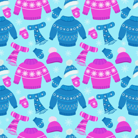 Vector pattern with winter clothes. Children's warm winter clothes for walking. Knitted hat, scarf, sweater and gloves with jacquard pattern and pom poms. Vector set of pink color. Vector illustrationのイラスト素材