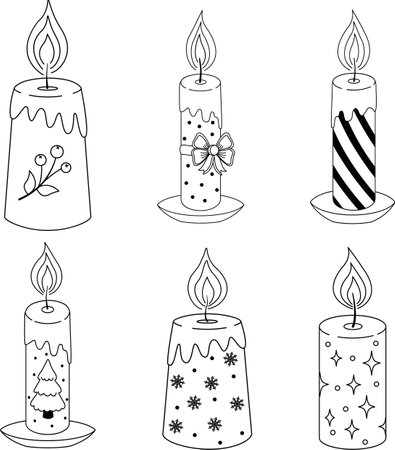 Vector set of hand-drawn Christmas candles. Illustration for New Year and Christmas. Black and white illustration. Vector illustrationのイラスト素材