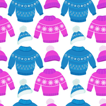 Vector pattern with winter clothes. Childrens warm winter clothes for walking. Knitted hat, scarf, sweater and gloves with jacquard pattern and pom poms. Vector set of pink color. Vector illustrationのイラスト素材