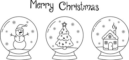Set of glass snow globes isolated on white background. Christmas toys decorated with various winter designs inside. Vector hand-drawn illustration in doodle style. Perfect for holiday designs, cards. Vector illustrationのイラスト素材