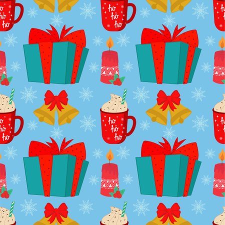 Vector illustration of a seamless Christmas background with elements of parties and celebrations,...