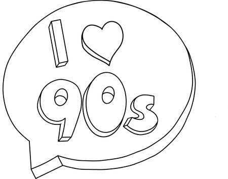 A hand-drawn speech bubble with the inscription "I love the 90s.An element of a set of doodles, on a white background. Vector illustration.The image of dialogue, thoughts, communication, comments. Vector illustrationのイラスト素材