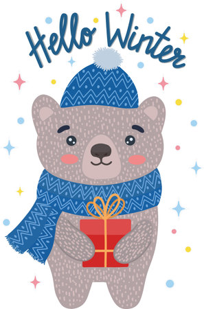 A cute bear in a hat and scarf is standing under the snow with a cup of coffee. Christmas design. Vector illustration. The inscription with congratulations. Vector illustrationのイラスト素材