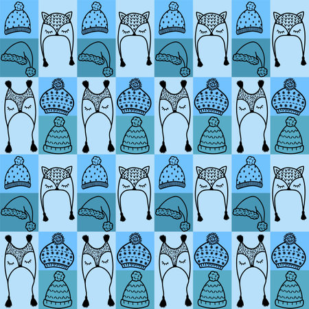 A pattern of hats. A collection of hand-drawn various warm hats to wear in winter or autumn on a blue background. Illustration of the design of childrens hats. Vector illustrationのイラスト素材