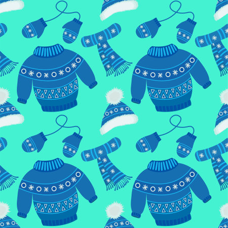 Vector pattern with winter clothes. Childrens warm winter clothes for walking. Knitted hat, sweater, scarf, gloves with jacquard pattern and pompoms. Vector set of blue color. Vector illustrationのイラスト素材