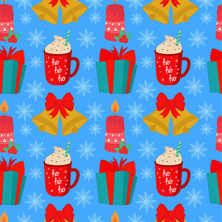 Vector illustration of a seamless Christmas background with elements of parties and celebrations, such as a gift, a bell, a candle and a coffee mug. Stock illustration. New Years pattern. Vector illustrationのイラスト素材