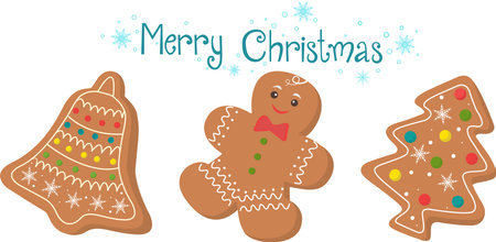 Christmas gingerbread. Winter holiday sweets in the form of a bell, a gingerbread man and a Christmas tree. Cartoon vector illustration. Vector illustrationのイラスト素材