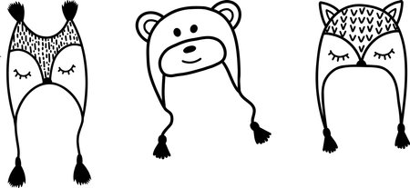 Knitted winter hats in the form of an owl, a bear and a fox. A set of vector icons of warm hats, winter and autumn accessories. Collection of hats with earflaps with animals. Children's clothing. Vect. Vector illustrationのイラスト素材