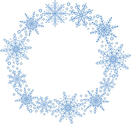 Christmas frame made of blue snowflakes. Vector frame with magical blue snowflakes on a transparent background. Abstract illustration of merry Christmas and New Year holidays. Vector illustrationのイラスト素材