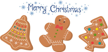 Christmas gingerbread. Winter holiday sweets in the form of a bell, a gingerbread man and a Christmas tree. Cartoon vector illustration. Vector illustrationのイラスト素材