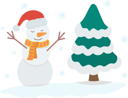 Vector illustration of a snowman and a Christmas tree. Illustration of a snowman and a Christmas tree for a merry Christmas and a happy new year. Vector illustration. Vector illustrationのイラスト素材