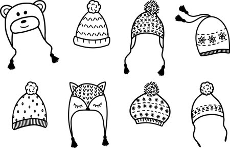 Knitted winter hats in the form of an owl, a bear and a fox. A set of vector icons of warm hats, winter and autumn accessories. Collection of hats with earflaps with animals. Childrens clothing. Vect. Vector illustrationのイラスト素材