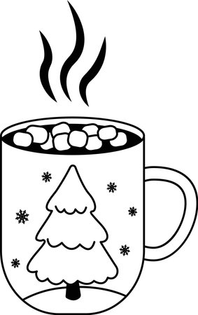 Christmas illustration of a cup of hot chocolate. A hand-drawn Christmas sketch. Festive cocoa with cream, a cup of hot chocolate or winter coffee. Vector illustration. Coloring book. Vector illustrationのイラスト素材