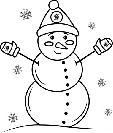 Cute smiling snowman in a hat on his head and a scarf, highlighted on a white background.Vector black and white illustration. Perfect for holiday and Christmas designs. Coloring of a cute cartoon sno. Vector illustrationのイラスト素材
