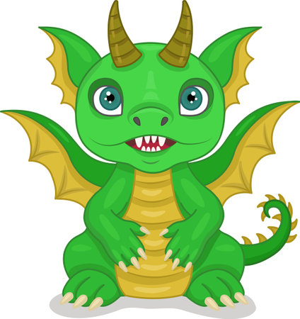 Vector illustration of a dragon.Cute fairy-tale dragon. A small green dragon or dinosaur, a cute character on a starry background. A fabulous monster. The symbol of 2024. Vector illustrationのイラスト素材