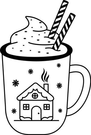 Christmas illustration of a cup of hot chocolate. A hand-drawn Christmas sketch. Festive cocoa with cream, a cup of hot chocolate or winter coffee. Vector illustration. Coloring book. Vector illustrationのイラスト素材