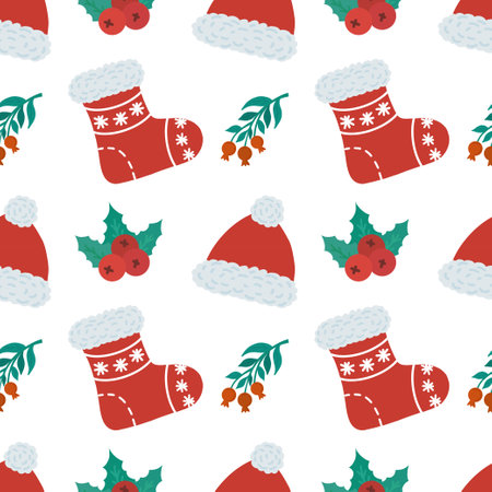 Vector seamless background with red hat, red sock and winter berries. Illustration of a winter New Years card. Festive background. Design for wallpaper, wrapping paper, gifts, greeting cards. Vector illustrationのイラスト素材