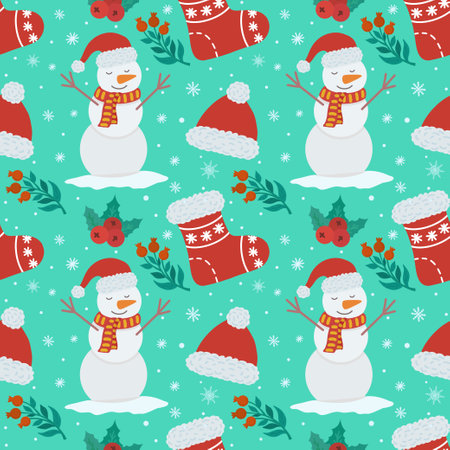 Vector seamless background with snowman,red hat,red sock and winter berries. Illustration of a winter New Year is card.Festive background. Design for wallpaper, wrapping paper, gifts, greeting cards. Vector illustrationのイラスト素材