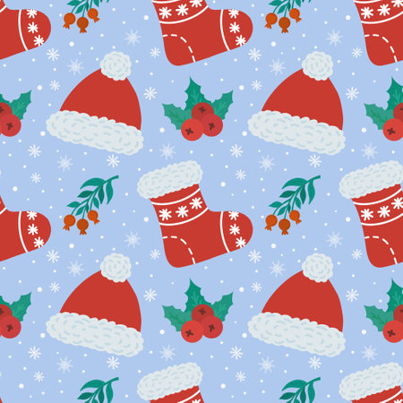 Vector seamless background with red hat, red sock and winter berries. Illustration of a winter New Years card. Festive background. Design for wallpaper, wrapping paper, gifts, greeting cards. Vector illustrationのイラスト素材