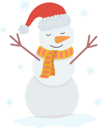 Vector illustration of a snowman and snowflakes. An illustration of a snowman for a merry Christmas and a happy new year. Vector illustration. An element for a New Years card or poster. Vector illustrationのイラスト素材