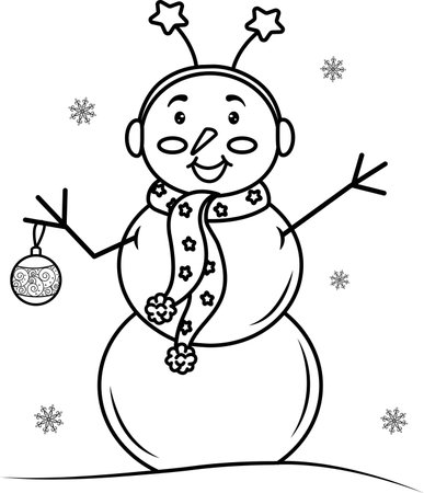 Cute smiling snowman in a headband and scarf, highlighted on a white background.Vector black and white illustration. Perfect for holiday and Christmas designs. Coloring of a cute cartoon snowman. Vector illustrationのイラスト素材