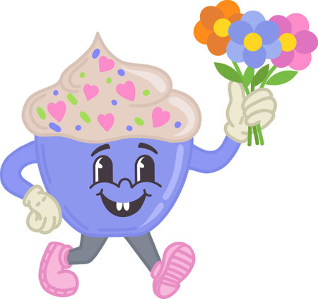 Illustration of a dessert with flowers, in retro style of the 30s, 40s, 50s, 60s. The character is a mascot for the cartoon. Vector illustration for Valentines Day. Happy emotions, a smile. Vector illustrationのイラスト素材