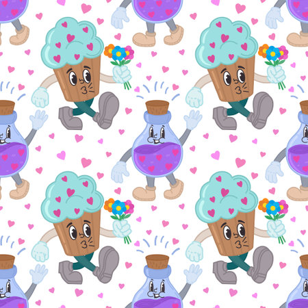 Seamless pattern with cupcakes, love potion and hearts.Cartoon characters in retro style of the 30s, 40s, 50s, 60s. Vector cupcake in love with a bouquet of flowers and a love potion, emotions. Vector illustrationのイラスト素材