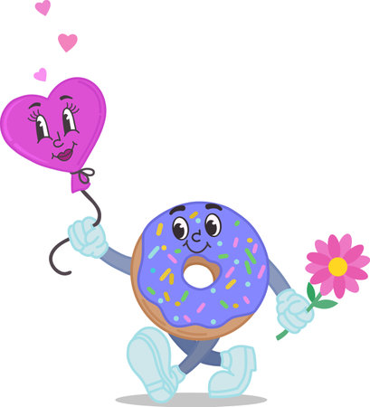 Illustration of a donut with flowers and a balloon, in the retro style of the 50s, 60s,70s. The character is the mascot of the cartoon. Vector illustration for Valentines Day.Happy emotions, a smile. Vector illustrationのイラスト素材