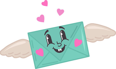 Vector illustration of an envelope with angel wings and hearts. Valentines Day, a message of love, February 14th. Be my Valentine. An envelope with sweet emotions. Vector illustrationのイラスト素材