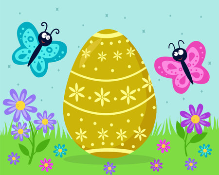 Easter background with Easter egg, butterflies, flowers and grass. Spring background. Easter holiday. Vector illustrationのイラスト素材