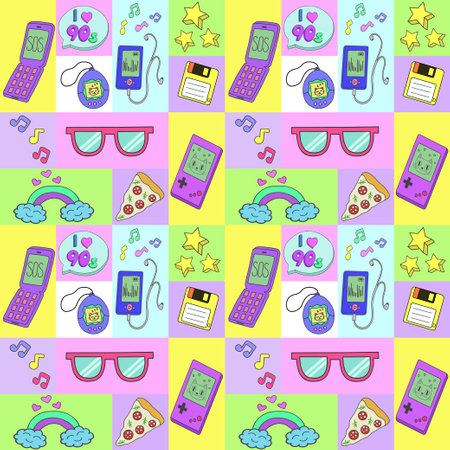 Seamless pattern with retro icons depicting tamagotchi,rainbow, floppy disk, phone, player and other items in the colorful style of the 80s and 90s. Flat vector illustration. Vector illustrationのイラスト素材